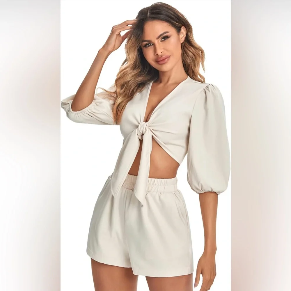 SweatyRocks Women's Summer 2 Piece Outfits Lantern Sleeve V Neck Tie Front Crop - Picture 3 of 8